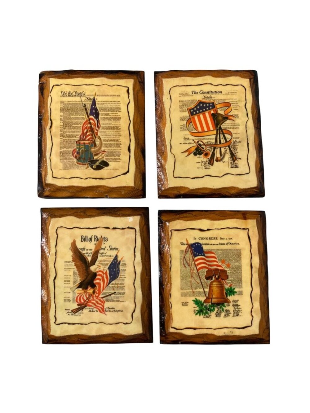 Vintage Set of 4 Wood Plaque American Government Constitution Wall Hangings